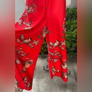 Boho red wide leg pants Japanese theme Sz S/M